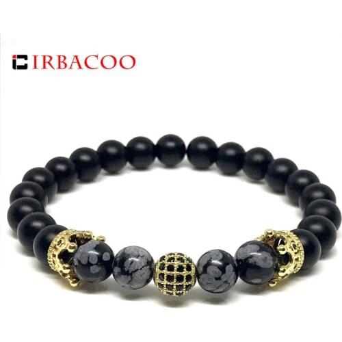 IRBACOO 2020 Men Bracelet Gold Cubic Zirconia Crown & Ball With 8mm Matte Onyx & Snow Stone Bead Bracelet For Men Jewelry Gift
