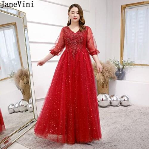 JaneVini Elegant Burgundy Beaded Plus Sizes Women Mother of the Bride Dresses Abalorios Shiny Glitters Banquet Dinner Party Gown