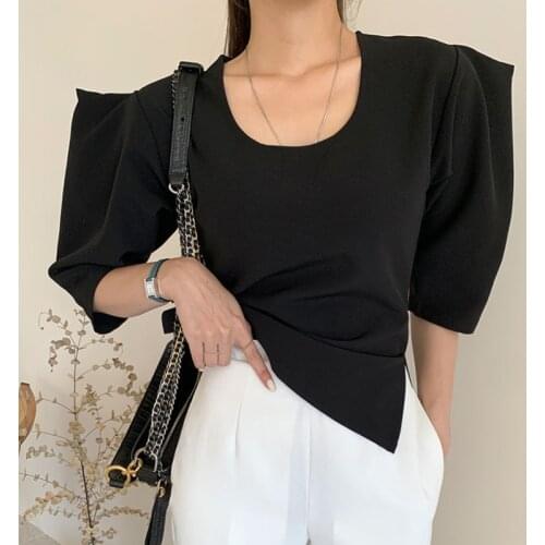 Korea Chic Minimalism Niche Round Neck Back Zipper Design Loose Puff Sleeve Split T-Shirt Top Women