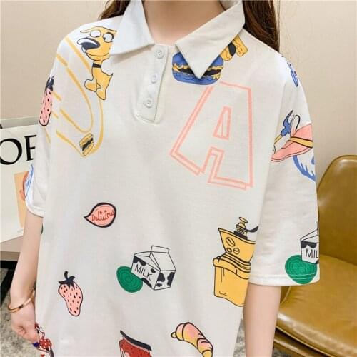 Cute White Harajuku Printed T Shirt Kawaii Cartoon Tee Tops Ladies Fashion Character turn down collar T-shirt Women Clothing