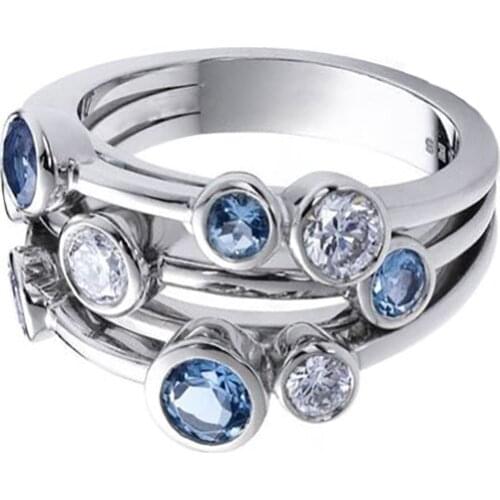 Fashion Luxury Blue and White Zircon Copper Silver Color Engagement Rings for Women Party Wedding Jewelry Wholesale