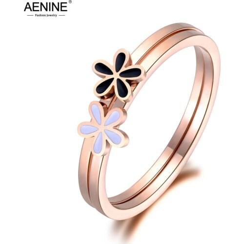AENINE Trendy White/Black Double Flowers Ring Jewelry For Women Girl Rose Gold Stainless Steel Anniversary Rings Anneaux AR19009