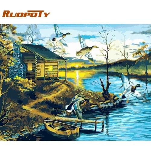 RUOPOTY Paint By Numbers Kits For Adults Duck And River House Landscape Picture By Number Home Decoration Framed Canvas Gift
