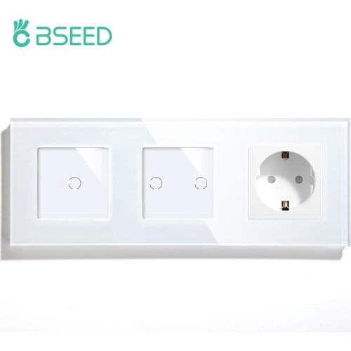 BSEED 3Gang 1Way Wall Touch Switches Light Switch On Off With Wall Socket EU Standard 228mm Cyrstal Glass Panel Blue Backlight