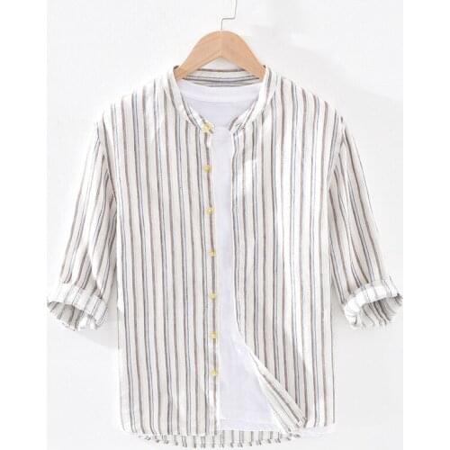Top Quality Striped 100% Linen Three-Quarter Sleeve Shirts Men Casual Summer Thin Breathable Pure Flax Dress Shirt Male TS-611