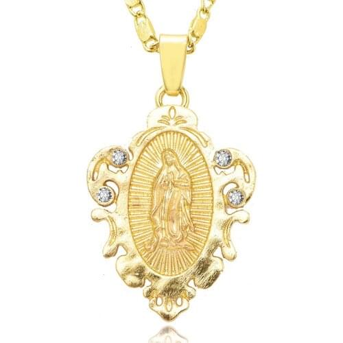 2019 New Virgin Mary Necklace Gold Color Bijoux Imitation Crystal Statement Necklace Women Fashion Pendant Catholic Jewelry