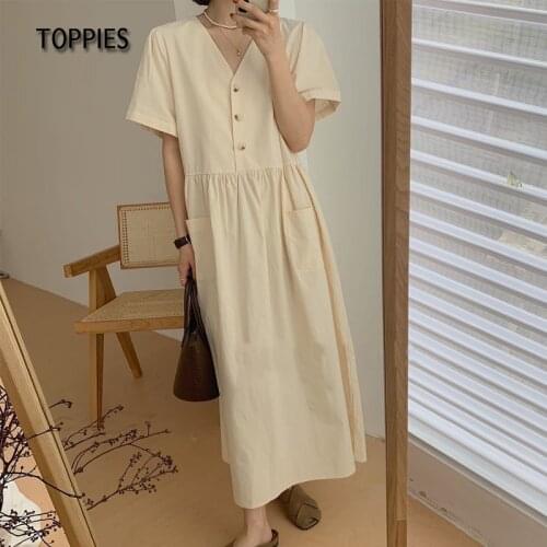 Toppies Loose White Cotton Midi Dress Woman Short Sleeve V-Neck Midi Dress Side Pockets