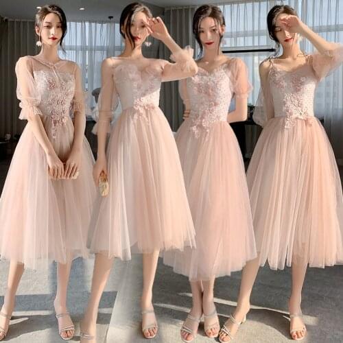 Bridesmaids Dresses Illusion V-Neck Full Appliques Lace Tulle Spaghetti Straps A-Line Luxury Pink Women Wedding Party Gown E712