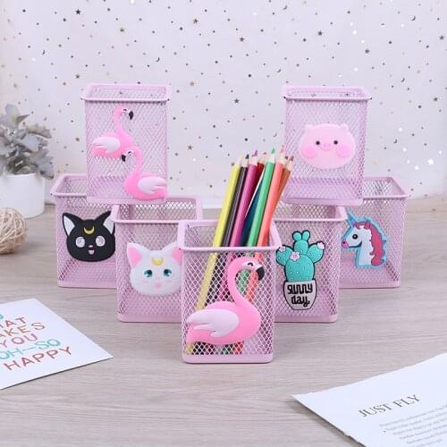 Stationery Container Office School Supplies 1pc Pink Metal Pen Holder Office Organizer Cosmetic Square Pencil Pen Stand Holders