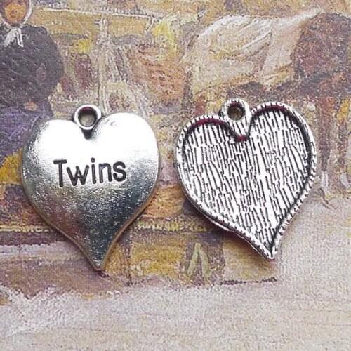 10PCS/Lot 17mm*21mm Twins Letter Pendant Antique Silver Color Heart Charms For DIY Jewelry Making Handmade Craft