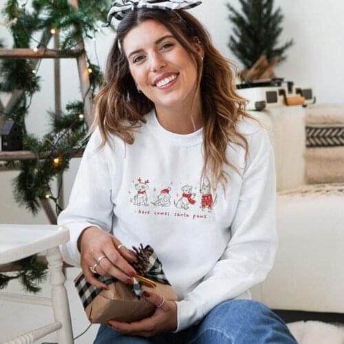 Here Comes Santa Paws Colored Print Sweatshirt Women Winter Holiday Pullovers Kawaii Christmas Party Gift Sweatshirt For Dog Mom