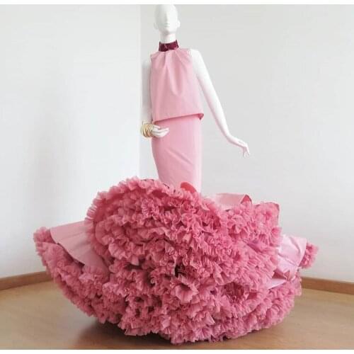 Real Image Pink Mermaid Prom Gowns With Exaggerated Puffy Ruffles Tulle Bottom Long Women Dresses To Birthday Party