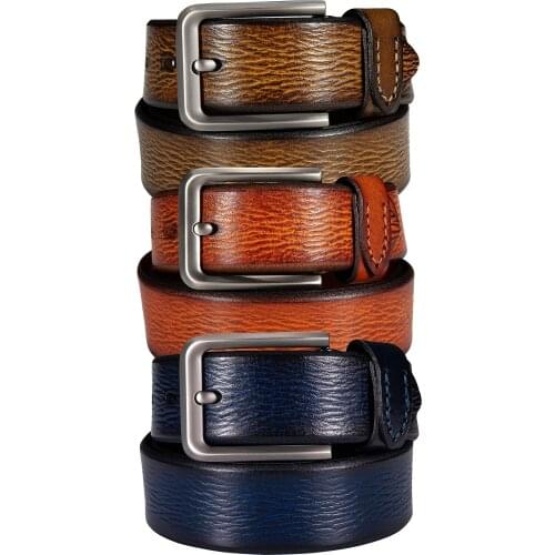 Casual Men Pin Buckle Belt Genuine Cow Leather Single Prong Grass Green Strap Male Retro Belt for Jeans Hole Punch Barry.Wang