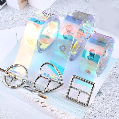 New Laser Women Belt Holographic Clear Waist Belt Metal Pin Buckle Transparent Waist Belts for Women Belt Waistband 90cm-120cm