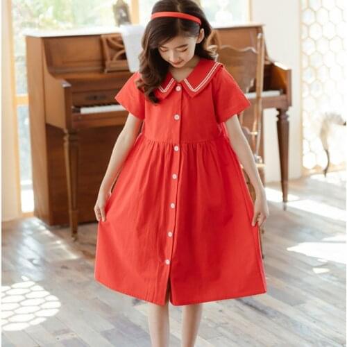 100% Cotton Teen Girls Dress Shirts Clothing 2021 New Children Summer School Kids Clothes Dresses Baby Button Red Color