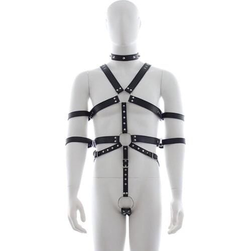 Sexy PU Nightwear Mens SM Harness Restraint Binder Leather Binding BDSM Bondage Costume Sexy Bodysuit For Men Slave Gay