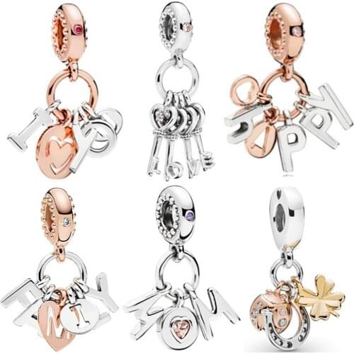 QANDOCCI Silver Love MOM Family I LOVE YOU Charms Heart Beads Fits Original Pandora Charms Bracelet Jewelry Making DIY