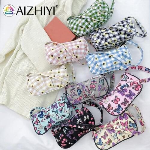 Women Fashion Canvas Pleated Shoulder Underarm Bag Vintage Small Zipper Butterfly Plaid Daisy Printing Tote Handbag