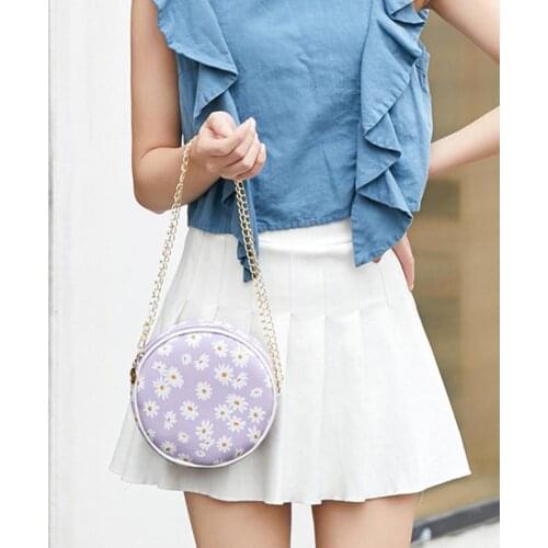 Women Stylish Zipper Marguerite Print Round Shoulder Bag Handbag Crossbody Pouch round bag crossbody mobile phone coin purse
