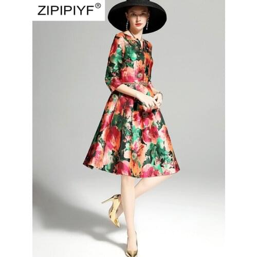 Vintage Fashion Women Dresses Little V Neck Floral Dresses Casual Chic Zipper Up Three Quarter Sleeve Elegant Party Dresses Z107