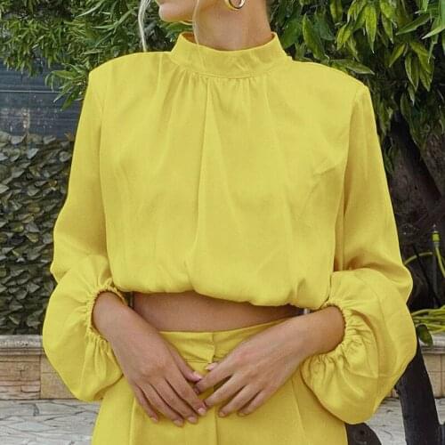 Stylish Women Shirt 2021 Autumn New Blouse Lantern Sleeve Solid Yellow Office Lady Crop Tops Stand Collar Skinny Elegant Blouses