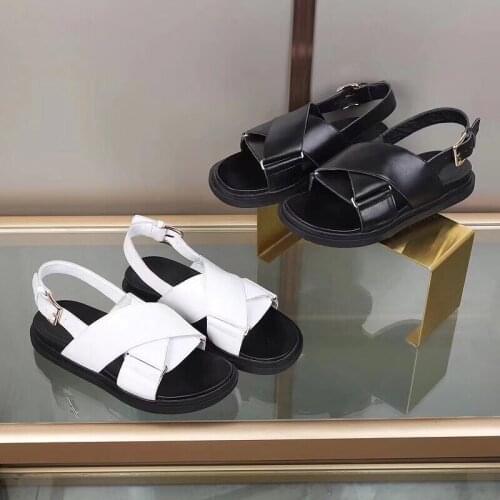 Real Leather Women New Coming Sandal Shoe Flat Platform Cross Belt Back Strap Shoe Pink White Roman Sandalias