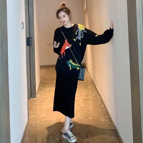 New Winter Fashion 2 Pcs Women Set O Neck Animal Pattern Print Pullover Knit Sweater + High Waist Hip Solid Skirt Sweet Suit