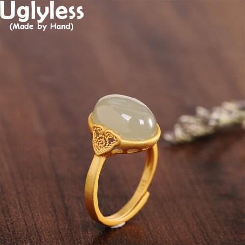 Uglyless Simple Blank Gemstones Rings for Women Natural Hotan Jade Rings Real 925 Sterling Silver Fashion Jewelry Gold Rings