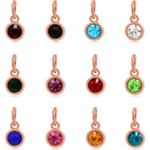 12pcs Round Rose Gold Color Birthstone DIY Birthday Stones 12 Months Alloy Size 7*15mm Charms Pendants with Open Circle