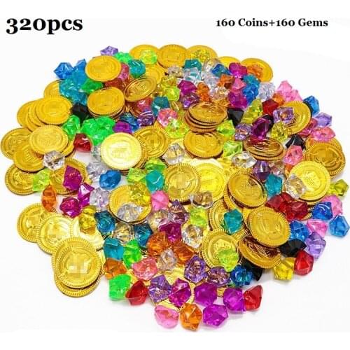 320pcs Pirate Gold Coins Gems Jewelery Playset Treasure for Activity Game and Pirate Party Favor Decoration (160 Coins+160 Gems)