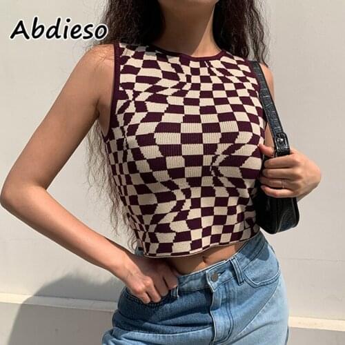 Abdieso Brown Y2K Crop Top Women Sleeveless Plaid Knitted Summer Casual Tank Top 2021 Off Shoulder Vintage Fashion Vest
