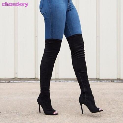 Best Selling Office Ladies Black Beige Suede Long Boots Open Toe Over The Knee Boots Zipped Slim Fit Thin High Heels Boots Shoes