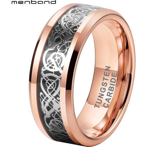 Rose Wedding Band Men Women Tungsten Ring With Black Carbon Fiber And Steel Dragon Inlay 8MM Comfort Fit