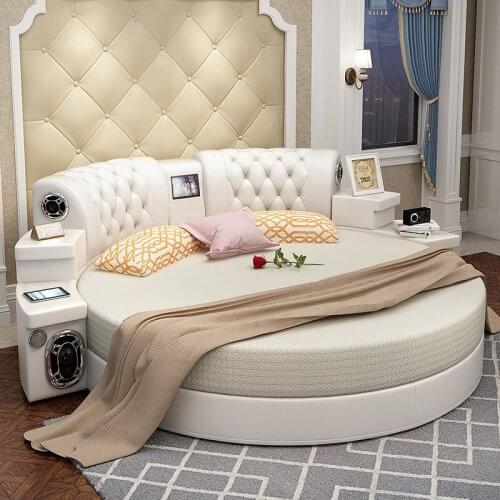 White Round Bed 2.0m 2.2m Genuine Leather Beds Master Bedroom Furniture