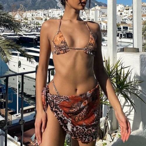 Peachtan String bikinis 2021 mujer Triangle swimsuit women Leopard bikini Skirts 3 pieces set Halter bathing suit beach wear new