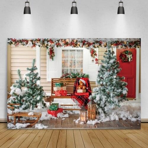 Laeacco Merry Christmas Tree Pine Garland Background Toy Bear Child Portrait Photographic Backdrops Winter Snow Scenic Photocall