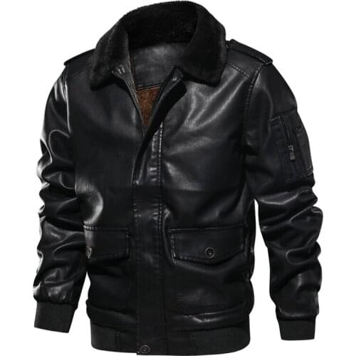 Men Motorcycle PU Leather Jacket Winter Warm Luxury Fleece Retro Coat Fur Collar Biker Bomber Pilot Faux Leather Jacket EuroSize