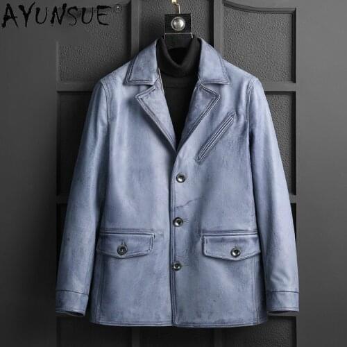 AYUNSUE Men Clothing Genuine Cowhide Leather Jacket Mens 2020 Mens Autumn Coat Blue Leather Jackets Chaquetas Hombre LXR1022