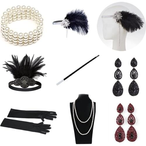 1920s Great Gatsby Party Costume Accessories Set 20s Flapper Feather Headband Pearl Necklace Gloves Cigarette Holder 3 5 Pcs Set
