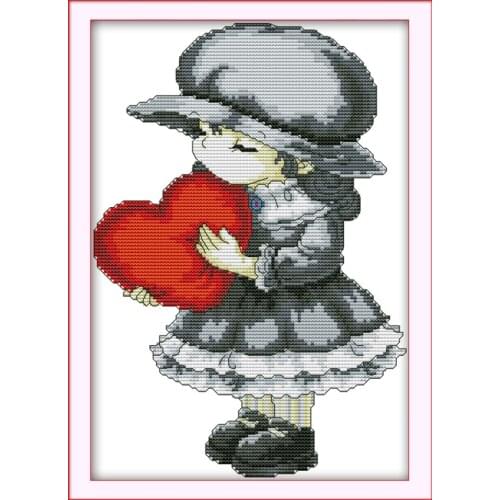 The girl with heart cross stitch kit cartoon 14ct 11ct count print canvas stitching embroidery DIY handmade needlework