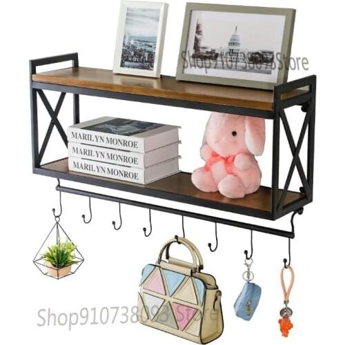 Free shipping retro wrought iron solid wood rack wall-mounted kitchen seasoning rack storage rack bathroom rack coffee cup rack