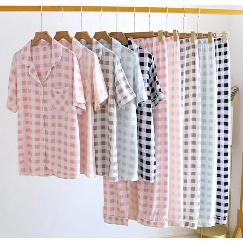 New Couple Pajamas Two-Piece Summer Viscose Short-Sleeved Trousers Female Simple Plaid Male Large Size Home Wear Set Large Size