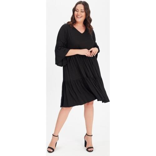 New Season Fashion Plus Size V Neck Spanish Sleeve Dress Natural Viscose Soft Elastic Fabric