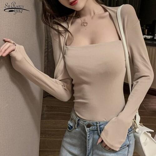 2021 Autumn Korean Square Collar Slim T-shirt Noble Long Sleeve T-shirts for Women Elegant Sexy Bottoming Shirt Tops Blusa 16523