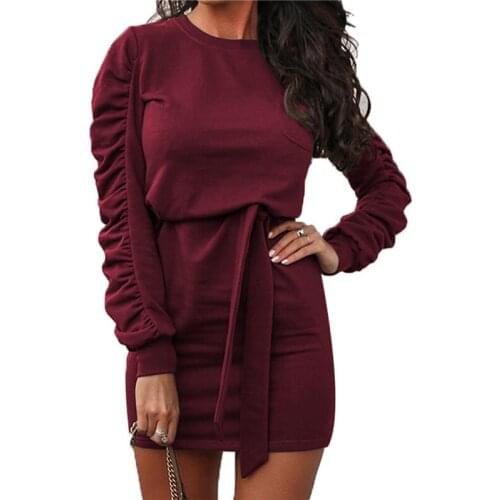 Autumn Long Sleeve Casual Pleated Dress 2020 Winter Solid Women Round Neck Sashes Dress Female Bandage Mini Dress