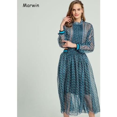 Marwin 2020 New-Coming Summer Print Dress For Women Long Sleeve High Waist Hollow Out Midi Dresses Female Fashion