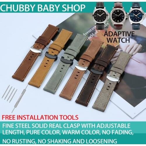 24mm Italian Retro Crazy Horse Genuine Leather Watchband Watch Band Butterfly Buckle For Panerai Strap Belt With Engraving Tools