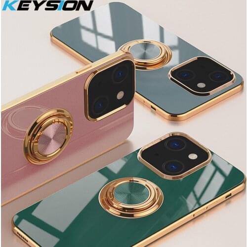 KEYSION Luxury Square Plating Case for iPhone 13 Pro Max 12 11 Ring Stand Phone Back Cover for iPhone SE 2020 XS XR X 8 7 Plus