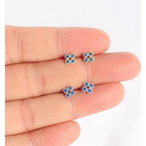 Real 100% 925 Sterling Silver Cute Sweet Shiny Zircon Mini Small Flower Geometric Stud Earrings for Women Korean Fine Jewelry