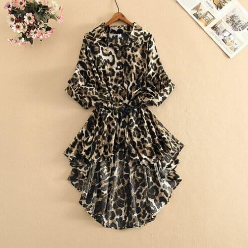 Chiffon Leopard Women Long Shirts Summer Vintage 2021 Turn-Down Collar Slim Loose Oversized Elegant Office Lady Outwear Tops